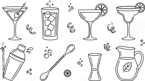 Bartending and mixology icon set featuring classic martini glass shaker margarita jigger mixing spoon and pitcher line art vectors for drink menu.