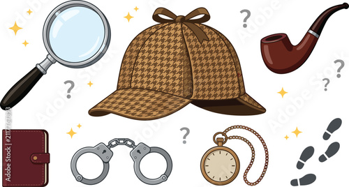 Detective Hat with Magnifying Glass, Pipe, Notebook, Handcuffs, Pocket Watch, and Footprints Illustration