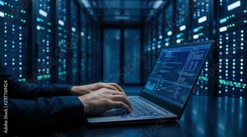 IT support specialist using a laptop computer in a data center server room for internet network and big data storage