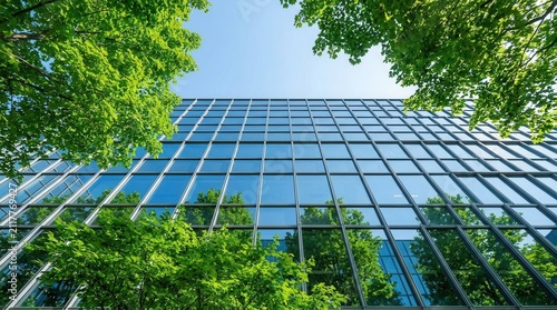 Green company office in a sustainable green building with trees to reduce carbon dioxide