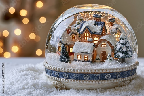 きらめく家々が温かい光を灯す幻想的なクリスマススノードーム