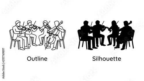 Fotografie Orchestra Performance: Two illustrative representations, outline and silhouette, depict a string quartet performing classical music, showcasing a harmonious blend of artistic expression