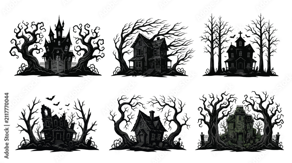 Fototapeta premium Set of spooky haunted houses and creepy trees in a detailed black and white halloween vector illustration collection