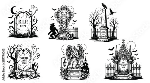 Set of spooky graveyard tombstones and gothic monuments in a detailed black and white halloween vector illustration style