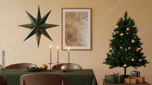 Cozy Christmas Dining Room Interior with Tree and Star Decoration