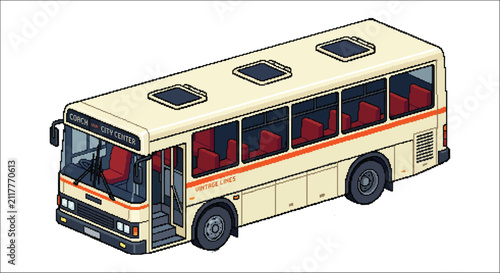 Fotografie Isometric city bus with red seating and roof vents depicted in a pixelated vecto