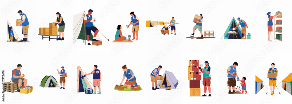 Fototapeta premium Flat Vector Illustrations of Humanitarian Volunteers Providing Food, Water, and Medical Aid to Refugees and Displaced People in Temporary Camps