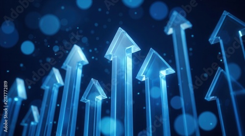 Shimmering environment with glowing blue arrows pointing upwards in an abstract digital background