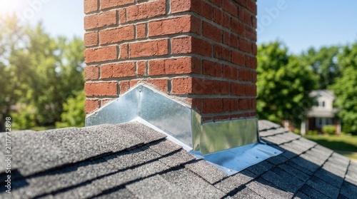 Tiled roof with flashing and a red brick stack chimney under a bright sunny sky