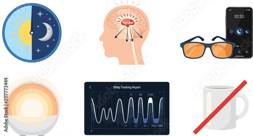 Obraz na plátně Circadian Rhythm and Sleep Hygiene Vector Icon Set with Day Night Cycle Brain Me