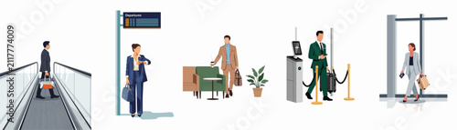 Collection of flat vector illustrations showing business professionals at various stages of air travel within a modern airport terminal.