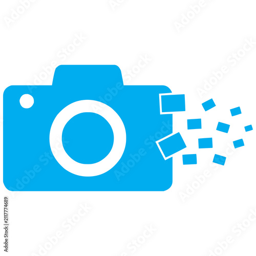 Bild auf Leinwand Blue camera icon disintegrating into pixels photography isolated on a transparen