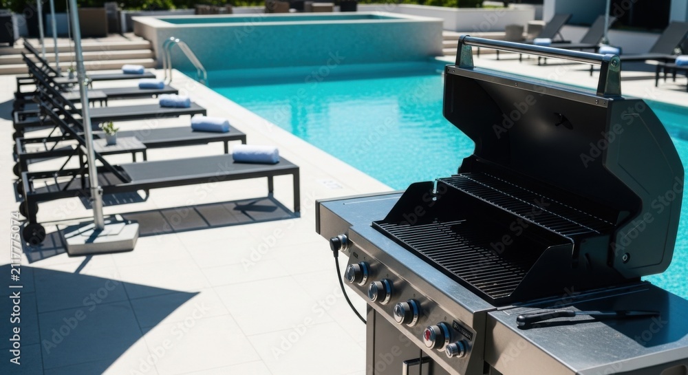 Fototapeta premium Luxury Resort Outdoor Grill Beside Swimming Pool Loungers