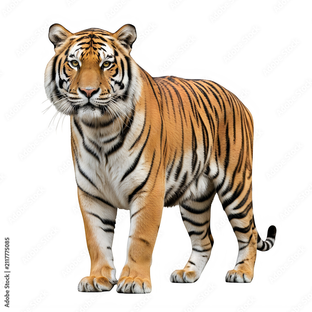 Obraz premium Full body standing tiger looking at camera isolated on transparent background