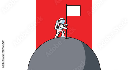 Astronaut successfully plants a blank white flag atop a desolate grey hill, symbolizing triumph, pioneering spirit, and the achievement of a significant goal in space.