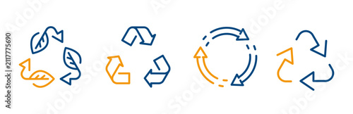 Foto recycle, icon set, bio recyclable, waste trash, arrows rotation linear signs on