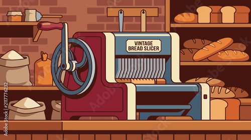 Foto Vintage Bread Slicer Machine in Old Bakery Interior