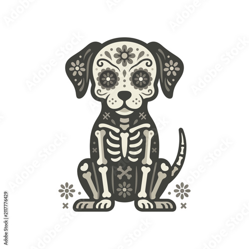 Obraz na plátne Day of the Dead sugar skull dog skeleton illustration.
