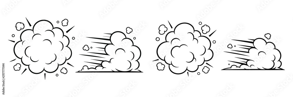 Fototapeta premium Set of cartoon smoke explosion and dust cloud effects for action comics and animation sequences isolated on transparent background, Vector