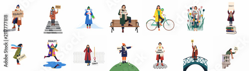 Diverse collection of vector illustrations featuring women advocating for gender equality in various seasonal and urban environments.