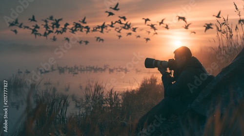 Wildlife photographer using a telephoto lens in a misty wetland