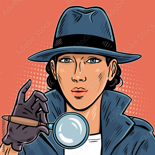 Female detective holding a magnifying glass and examining evidence