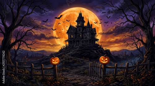 Haunted Victorian Mansion Silhouette with Full Moon and Jack O Lanterns.