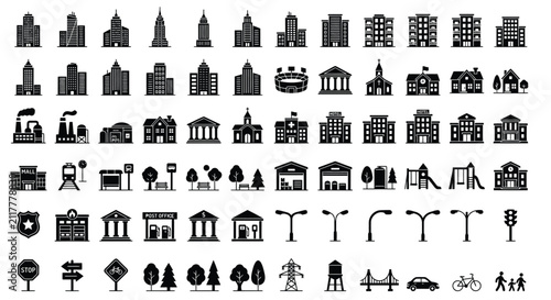 Obraz na płótnie Building Silhouettes And Cityscape Elements Flat Vector Illustration