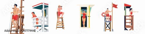 Set of vector illustrations featuring male and female lifeguards on duty at various beach watchtowers, monitoring safety with binoculars and flags.