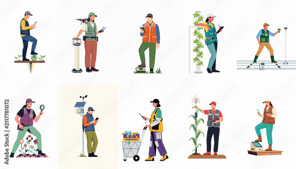 Fototapeta premium Collection of smart agriculture professionals using advanced technology for precision farming, environmental monitoring, and sustainable crop management.