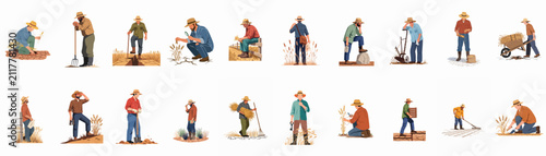 Set of illustrations depicting various male farmers working in drought conditions on a farm with cracked soil and wheat crops.