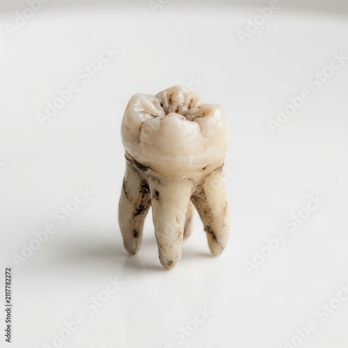 Human molar tooth with roots isolated on white.