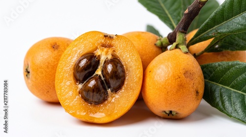Fresh Ripe Loquat Fruits with Green Leaves Isolated on White Background