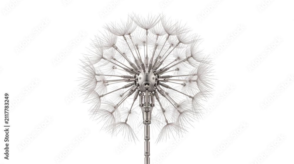Fototapeta premium Close-up detailed view of a delicate dandelion seed head against a clean white background, showcasing its intricate natural structure and feathery pappus.