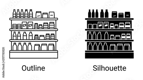 Shelving Unit Assortment: A graphic representation showcasing two shelving units filled with various products, presented in both outline and silhouette styles, illustrating retail display options.