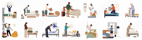 Foto Collection of diverse people making beds, fluffing pillows, and arranging bedding in various modern bedroom settings