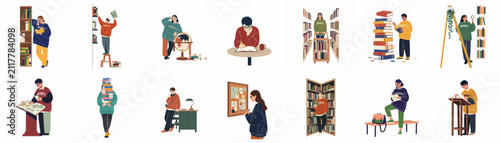 Bild auf Leinwand Diverse collection of university students engaged in various library and academic activities including reading, researching, and studying in flat illustration style