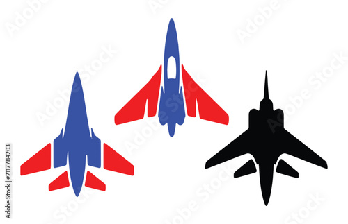 Foto Graphic illustration of three military fighter jet aircraft silhouettes in blue red and black colors