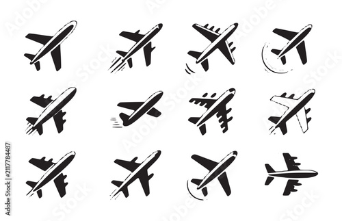 Collection of black airplane icons in multiple angles for global travel and air transport themes.