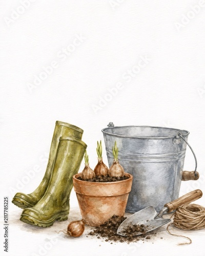 Gathering gardening tools for planting bulbs in spring