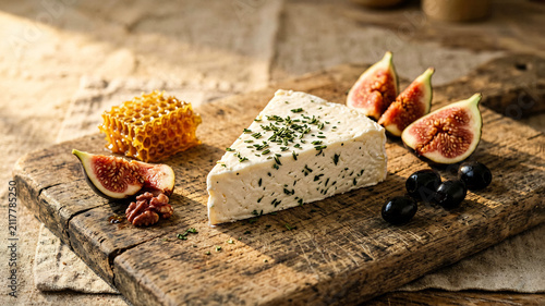 Goat Cheese Wedge on Charcuterie Board with Honey and Figs