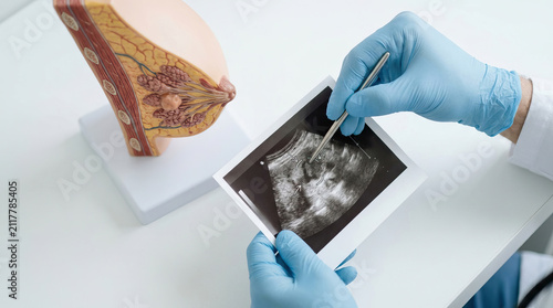 Medical ultrasound breast doctor hand glove mammary biopsy examination diagnosis closeup clinical scene, gloved doctor hand holding ultrasound image beside breast anatomy model during breast