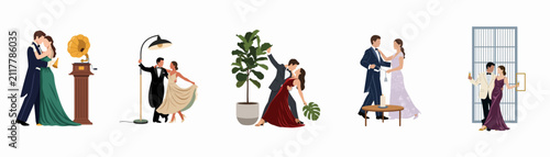 Elegant collection of couples in formal evening wear dancing and celebrating at a gala event, minimalist faceless vector illustration on white background.