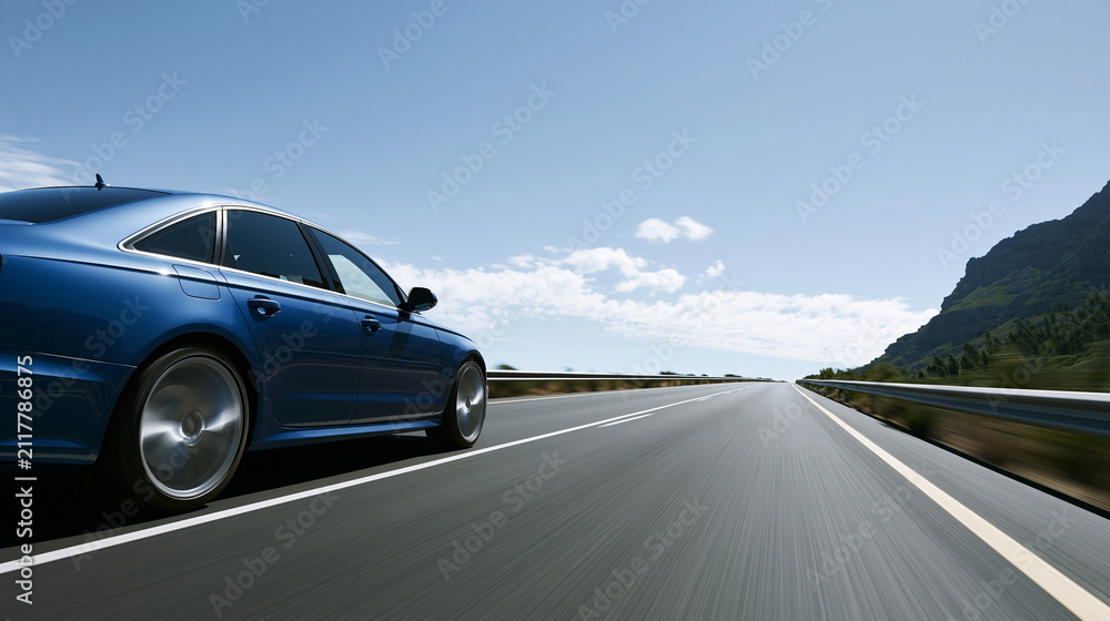 Naklejka premium Rear view of a blue business car turning sharply along a high-speed highway, professional automotive concept, with copy space