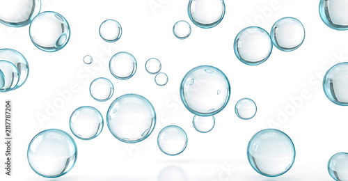 Group of clear floating water bubbles on white backdrop with bubbles background, soap bubbles