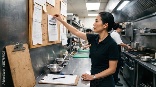 Restaurant manager posting shift schedule on corkboard in stainless steel