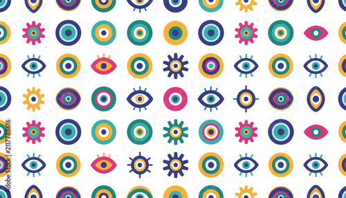 Colorful seamless pattern of traditional evil eye protection symbols in various geometric designs on a white background.
