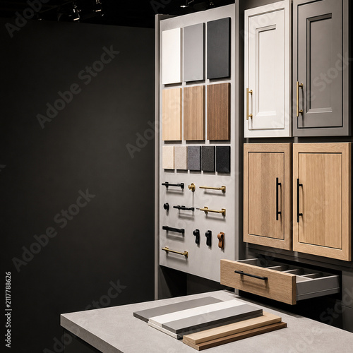 Modern cabinet furniture material samples on a showroom wall