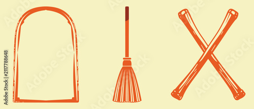 Obraz na plátně Minimalist halloween flat icon set featuring wooden coffin tombstone outline broomstick and crossed skeletal bones for spooky designs