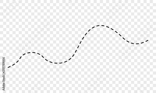 Black dashed line path element with a smooth wave shape on a simple background Vector